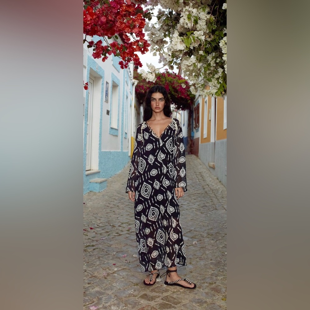 Beaded printed kaftan dress